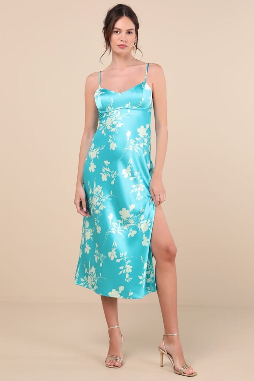 NWT Lulus Glamorous Efforts Aqua Floral Print Tie-Back Midi Dress Cruise Sz XS